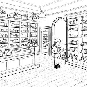 Kreativer Junge in freundlicher Apotheke Ausmalbild für neugierige Entdecker