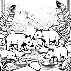 Kleine Tapir-Jungtiere beim Spielen am Wasser Ausmalvorlage für abenteuerliche Tierfreunde