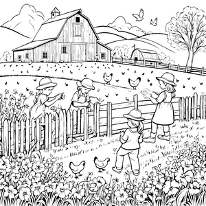 Fröhliche Kinder beim Ernten auf dem Bauernhof Malvorlage für neugierige Landliebewunderer