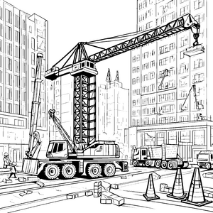 Hochmoderne Baukräne auf lebhafter Baustelle Ausmalvorlage für kleine Entdecker