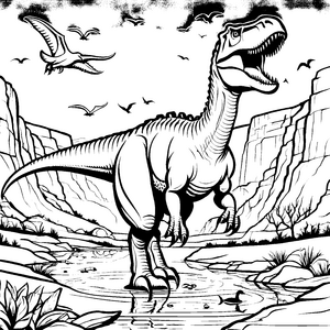 Majestätischer Tyrannosaurus Rex am Wasserfall Ausmalmotiv für neugierige Dinofreunde