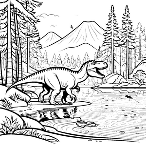 Majestätischer Tyrannosaurus Rex am Ufer Ausmalbild für furchtlose Entdecker