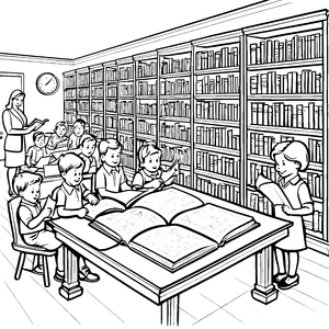 Lebendige Lesestunde mit neugierigen Kindern Ausmalbild für kreative Bücherwürmer