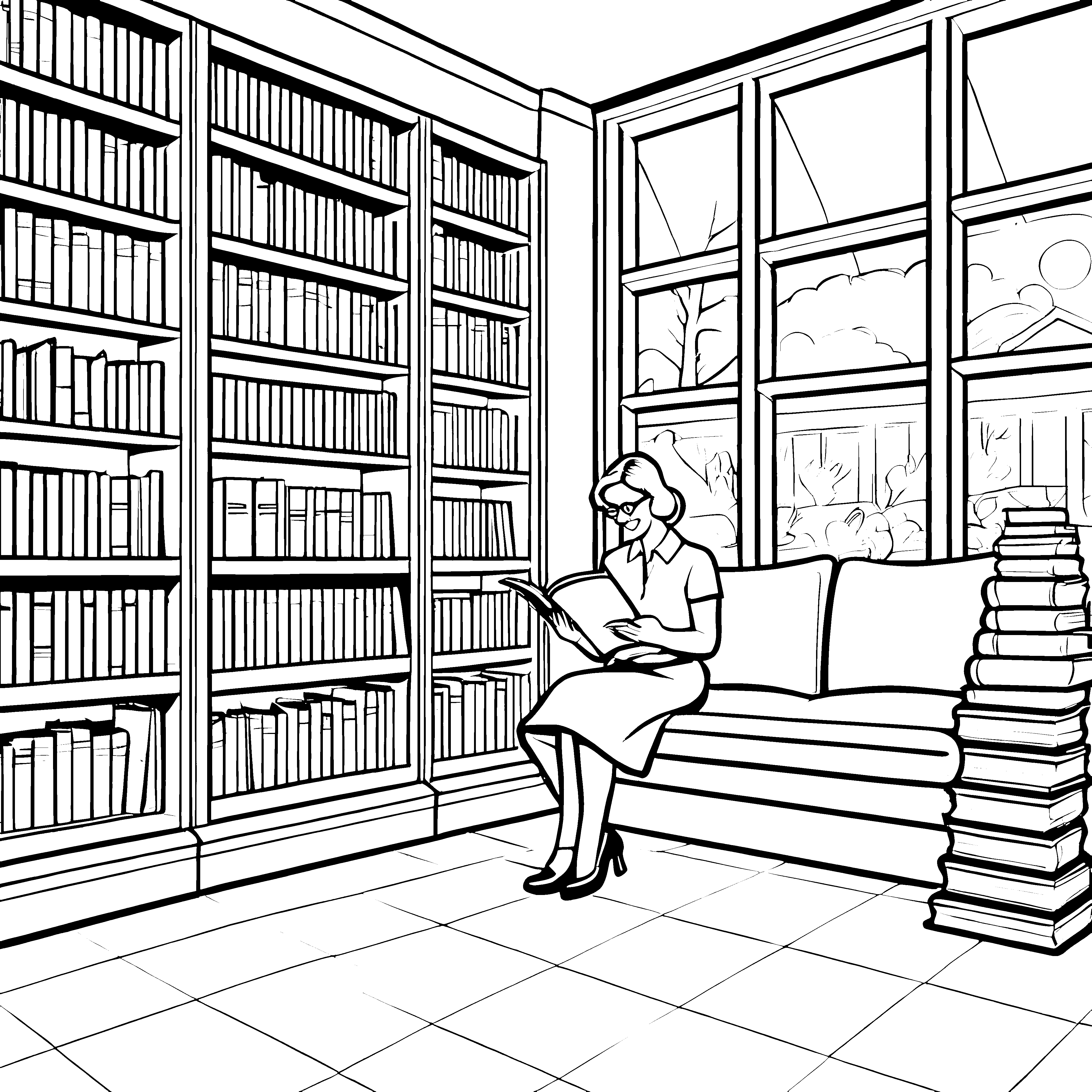 Verträumte Bibliothekarin vertieft in spannende Bücher Ausmalbild für abenteuerlustige Leseratten