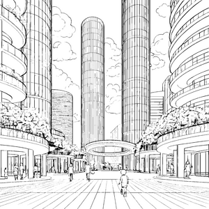 Futuristische Stadtlandschaft mit grünen Oasen Ausmalbild für visionäre Entdecker