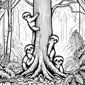 Fröhliche Faultierbabys umarmen einen großen Baum Ausmalmotiv für kleine Naturentdecker