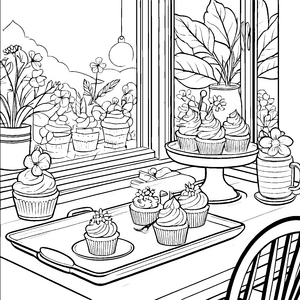 Bunte Cupcakes auf der Fensterbank Ausmalbild für zarte Naschkatzen