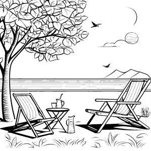 Bequeme Strandliegen unter schattenspendendem Baum Ausmalbild für entspannte Sonnenanbeter