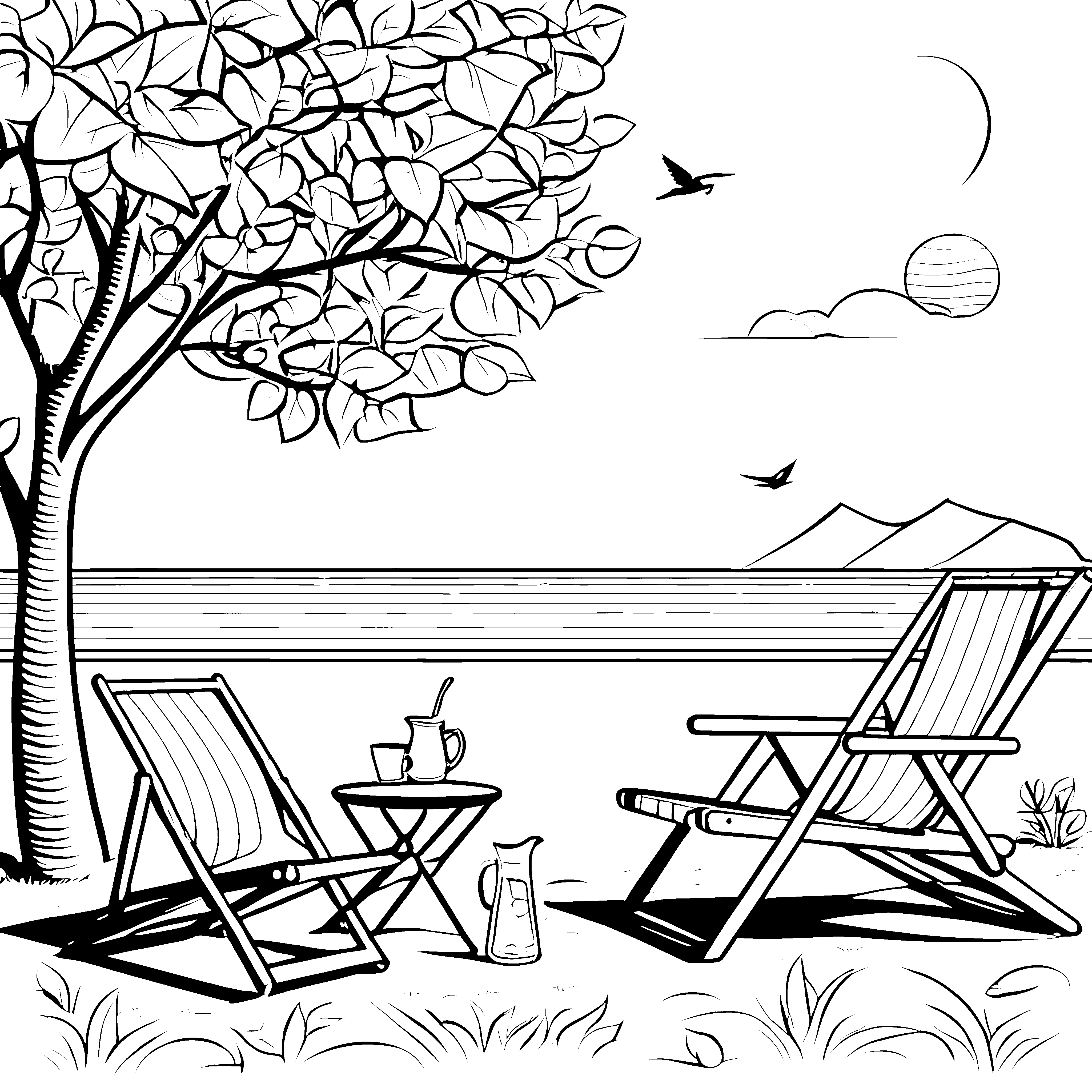 Bequeme Strandliegen unter schattenspendendem Baum Ausmalbild für entspannte Sonnenanbeter