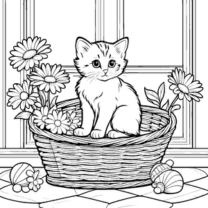 Süßes Kätzchen im Blumenkörbchen Ausmalmotiv für kleine Tierliebhaber