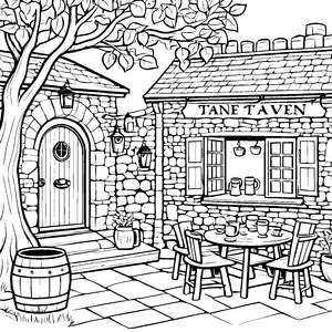 Gemütliche Taverne mit einladendem Gartentisch Ausmalbild für fröhliche Entdecker