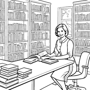 Begeisterte Bibliothekarin entdeckt neue Geschichten Ausmalvorlage für wissensdurstige Entdecker