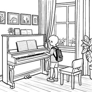 Kreatives Klavierzimmer mit lerneifrigen Melodien Ausmalmotiv für junge Musikentdecker