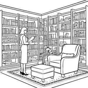 Inspirierte Bibliothekarin mit spannendem Buch Ausmalvorlage für wissbegierige Leser von morgen