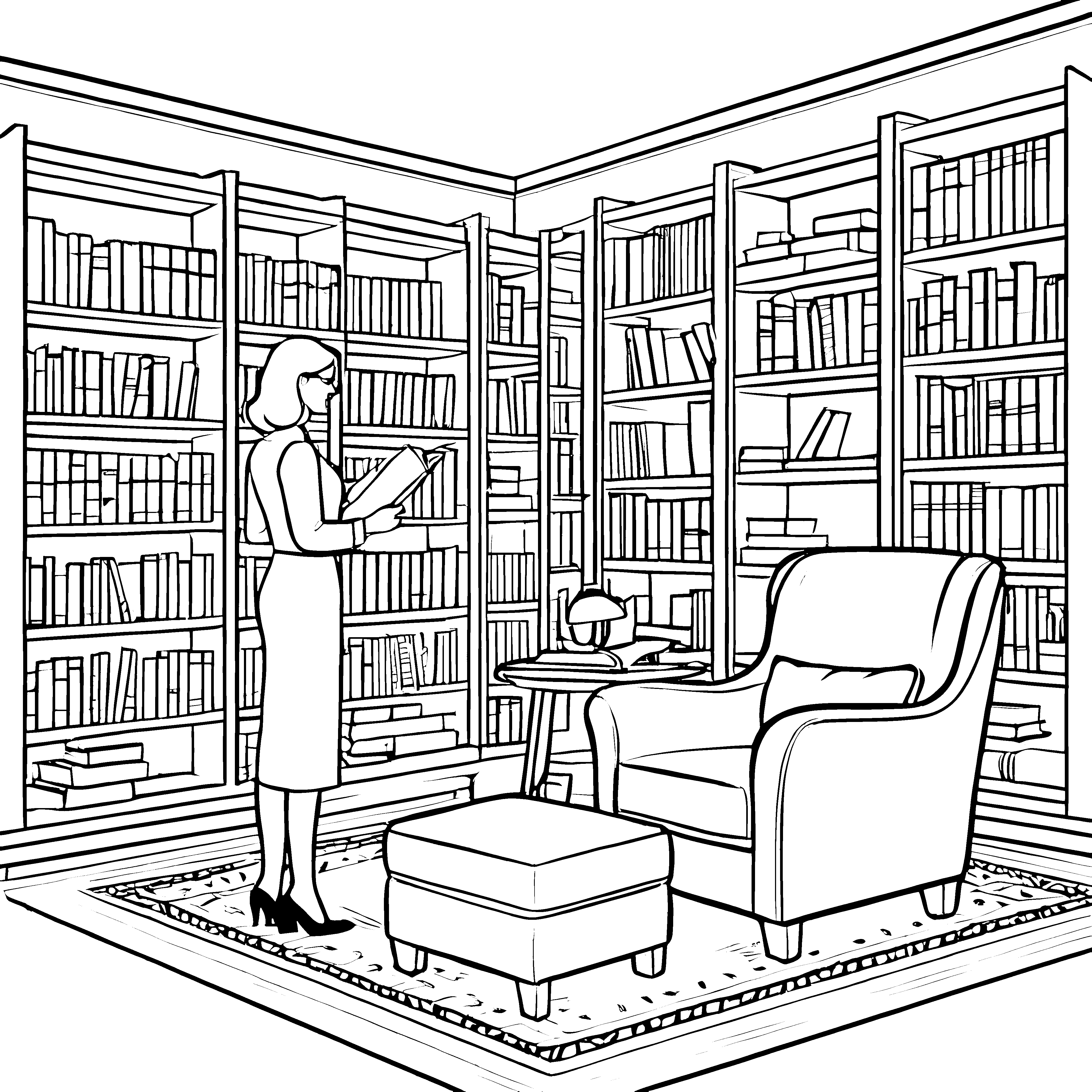 Inspirierte Bibliothekarin mit spannendem Buch Ausmalvorlage für wissbegierige Leser von morgen