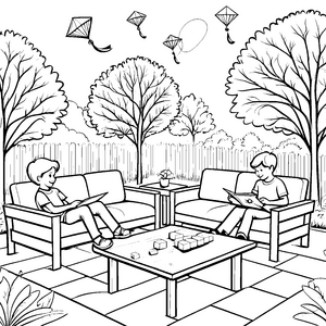 Gemütlicher Couchtisch in sonnigem Garten Ausmalbild für kreative Naturfreunde