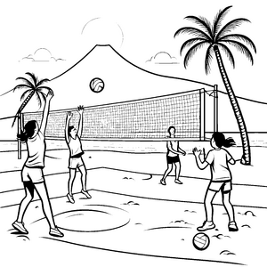 Frohes Beachvolleyball-Match unter Palmen Ausmalmotiv für sportliche Sandabenteurer