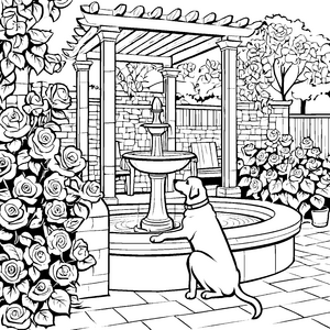 Bezaubernder Labrador neben sprudelndem Brunnen Ausmalbild für kreative Gartenfreunde