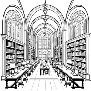Wissbegierige Bibliothekare in der magischen Bücherwelt Ausmalvorlage für kleine Entdecker