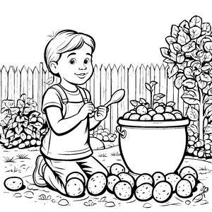 Fröhlicher Junge beim Kartoffelernte Abenteuer Ausmalvorlage für kleine Gartenfreunde