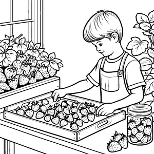 Leckere Erdbeeren sammeln am sonnigen Fenster Ausmalvorlage für kleine Naturfreunde