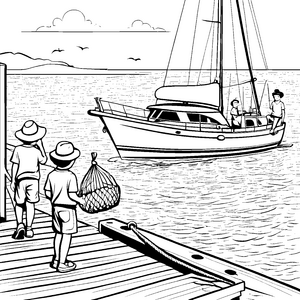 Faszinierende Yachtfahrt mit fröhlichen Anglern Ausmalvorlage für kleine Entdecker