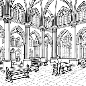 Imposante Universitätsbibliothek mit neugierigem Studenten Malvorlage für wissenshungrige Entdecker