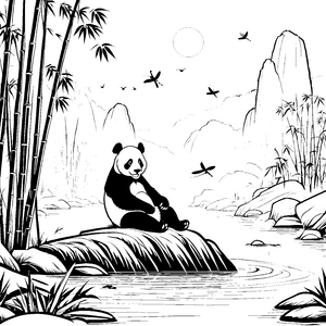 Gemütlicher Panda am ruhigen Fluss Ausmalbild für neugierige Naturfreunde