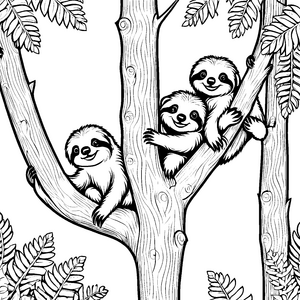 Fröhliche Faultierbabys beim Entspannen im Baum Ausmalvorlage für kleine Naturforscher
