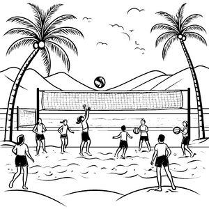 Strandvolleyball mit Freunden unter Palmen Malvorlage für aktive Sportler