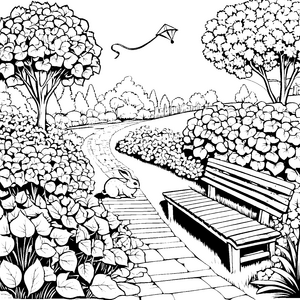 Gemütliche Gartenbank im bunten Blütenmeer Ausmalvorlage für blühende Entdecker