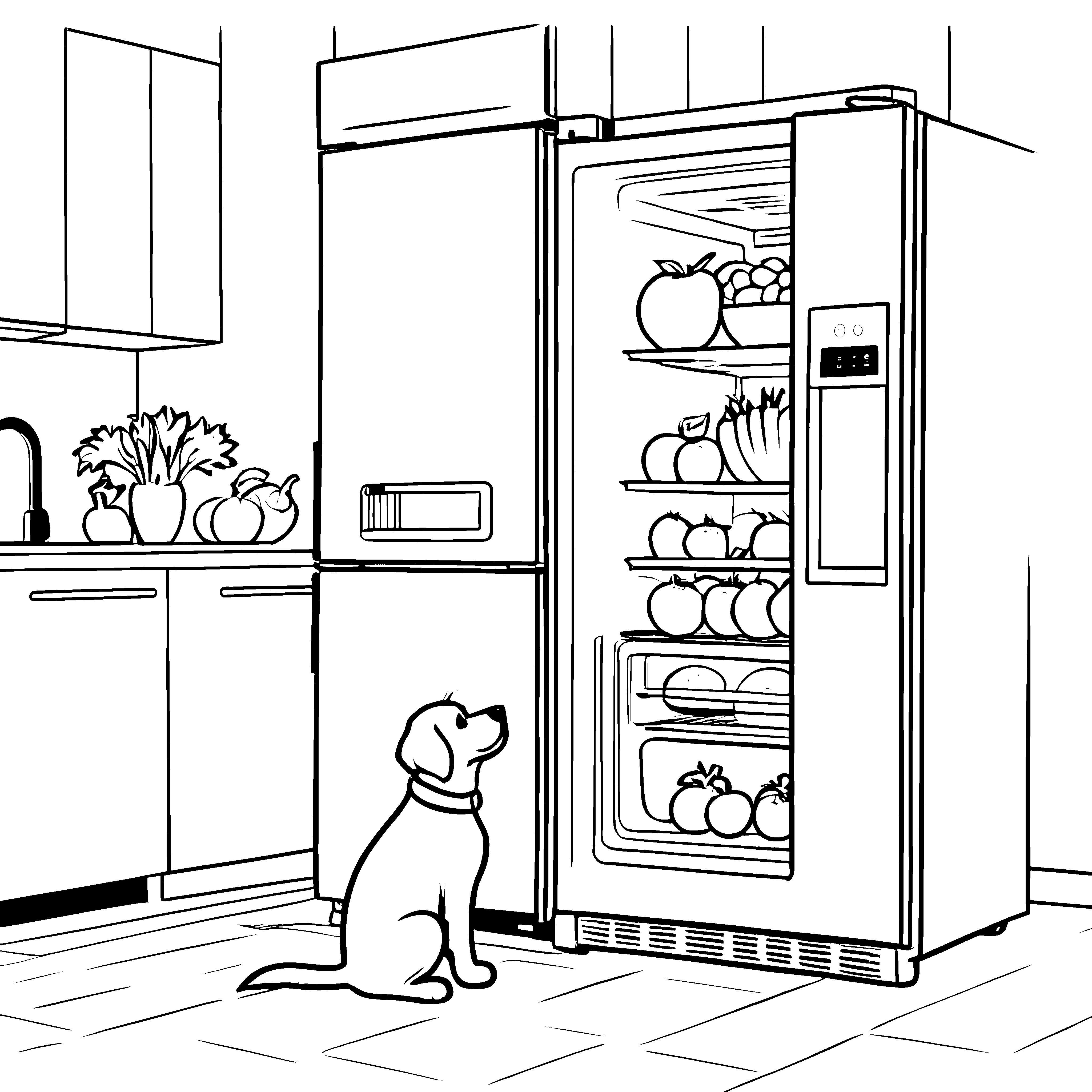 Kühlschrank mit frischem Obst und Gemüse Ausmalbild für neugierige Küchenfreunde