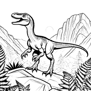 Dynamischer Velociraptor in urzeitlicher Kulisse Ausmalvorlage für abenteuerlustige Fossilienjäger