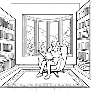 Entspannender Lesesessel im gemütlichen Raum Ausmalbild für junge Bücherwürmer
