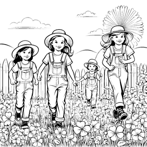Fröhliche Kinder im blühenden Blumenfeld Ausmalmotiv für neugierige kleine Entdecker