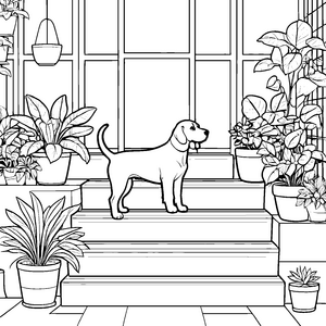 Neugieriger Beagle erkundet blühende Pflanzen Ausmalbild für kleine Gartenfreunde