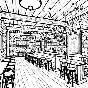 Gemütliche Taverne mit einladendem Ambiente Ausmalvorlage für fröhliche Entdecker
