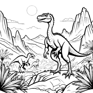 Dynamischer Velociraptor in bergiger Kulisse Ausmalvorlage für neugierige Entdecker