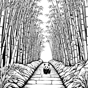 Verspielter Panda auf geheimnisvollem Pfad Ausmalbild für neugierige Naturfreunde