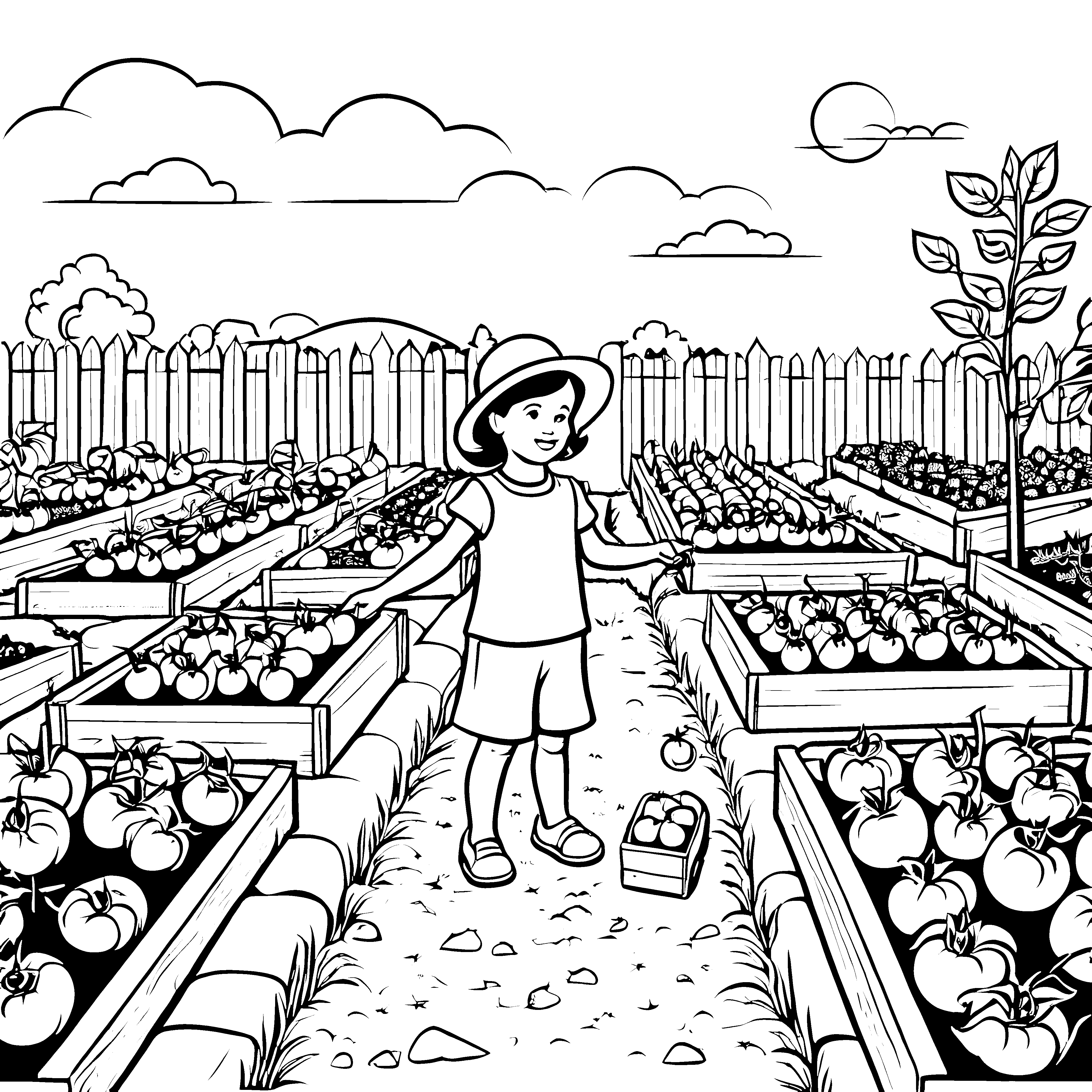 Frohe Tomatenernte im bunten Garten Ausmalvorlage für kleine Naturentdecker