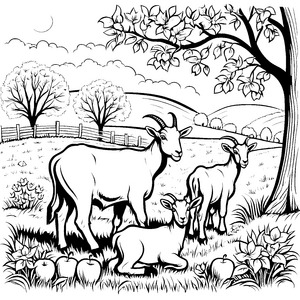 Spielende Ziegenfamilie in blühender Frühlingslandschaft Ausmalvorlage für kleine Naturentdecker