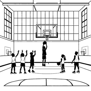 Kreative Basketballspieler bei aufregendem Wurf-Ausmalbild für junge Sportfreaks