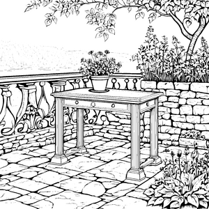 Antiker Tisch mit blühenden Pflanzen Ausmalbild für kreative Gartenfreunde