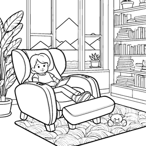 Gemütlicher Massagesessel mit entspannendem Blick Ausmalmotiv für entspannte Bücherwürmer
