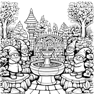 Zauberhaftes Ensemble von Gartenzwergen am Brunnen Ausmalvorlage für lustige Gartenfreunde
