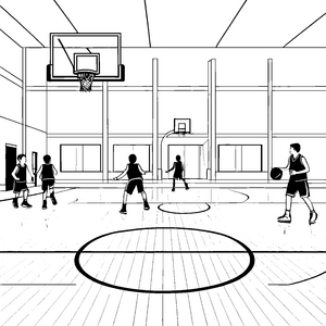 Spannendes Basketballspiel auf dem Court Ausmalbild für sportliche Entdecker