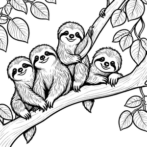 Vier fröhliche Faultierbabys im Baum Ausmalvorlage für träumerische Naturfreunde