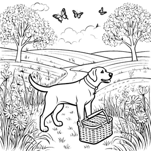Fröhlicher Labrador mit Picknickkorb Ausmalmotiv für kleine Naturfreunde