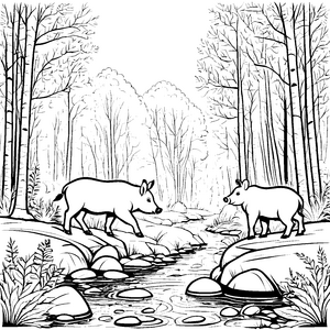 Verspielte Wildschwein-Babys am klaren Wasser Malvorlage für junge Naturentdecker