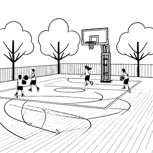 Dynamische Basketballspieler auf dem Wettkampfsfeld Ausmalvorlage für junge Sportenthusiasten